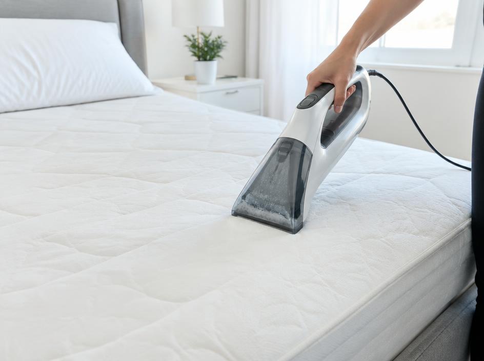 Nettoyage d'un matelas blanc dans une chambre