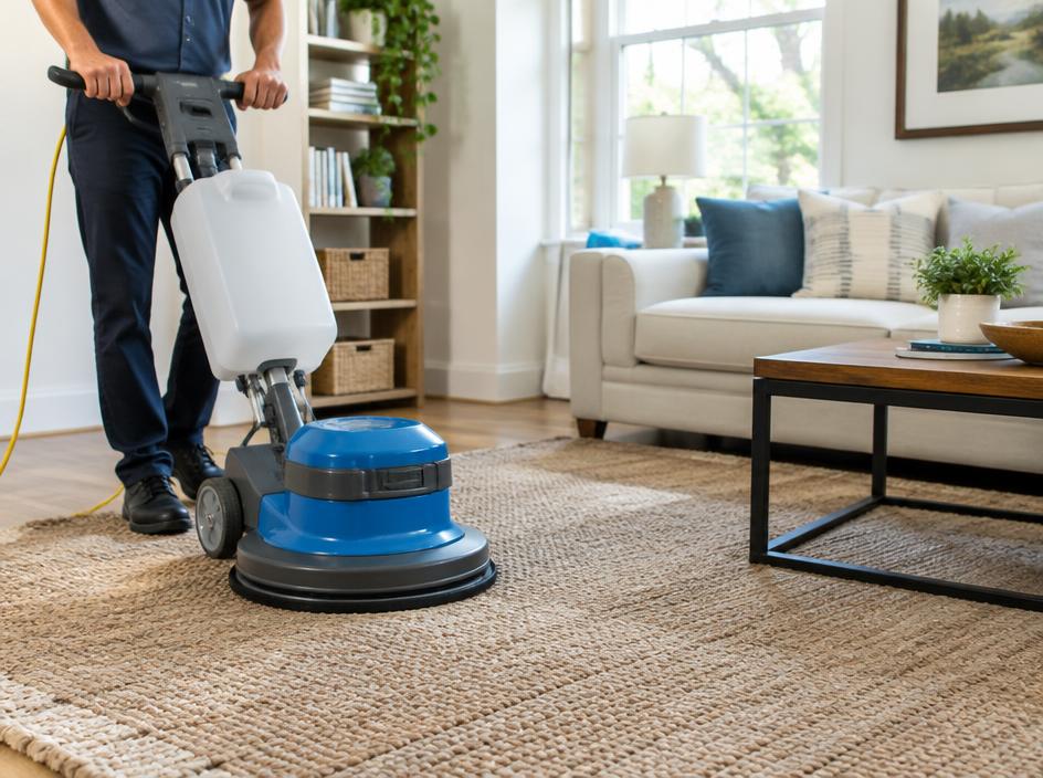Nettoyage d'un tapis tissé dans un salon